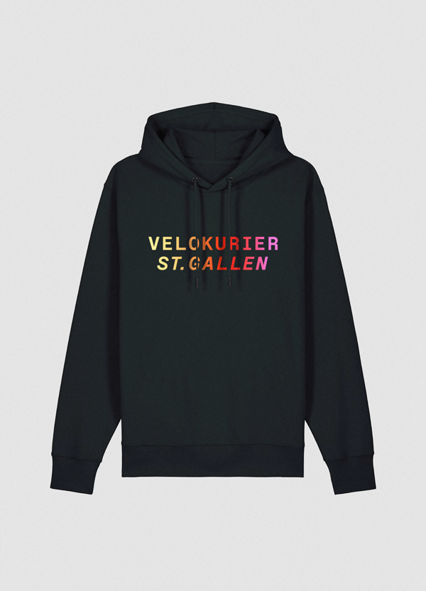 Lachsfarbenes Shirt, auf der Vorderseite steht Velokurier St.Gallen, die Rückseite zeigt eine radfahrende Sonne