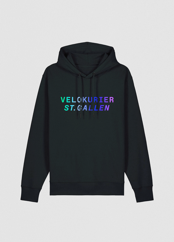 Lachsfarbenes Shirt, auf der Vorderseite steht Velokurier St.Gallen, die Rückseite zeigt eine radfahrende Sonne
